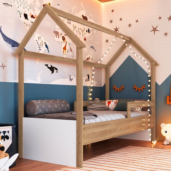 Cama Infantil Montessoriana Aveiro Oak/Branco - Completa Móveis