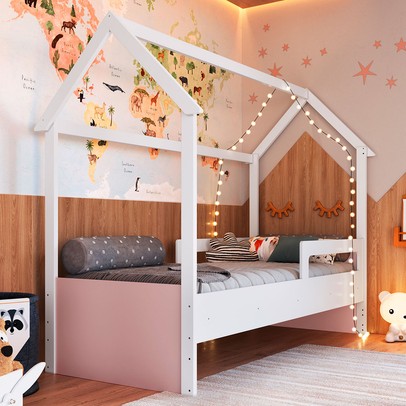 Cama Infantil Montessoriana Branco/Rosa - Completa Móveis