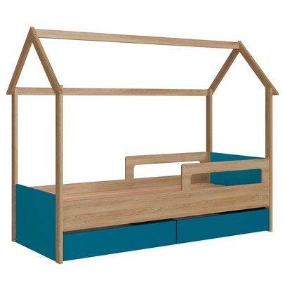 Cama Infantil Montessoriana 2 Gavetas Aveiro Oak/Azul Secreto - Completa Móveis