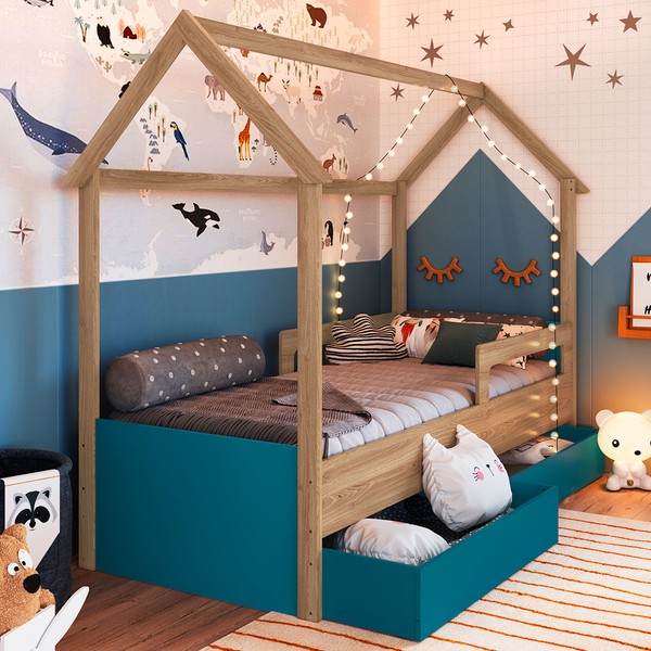 Cama Infantil Montessoriana 2 Gavetas Aveiro Oak/Azul Secreto - Completa Móveis