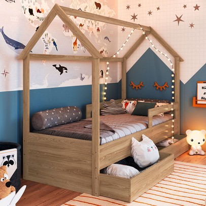 Cama Infantil Montessoriana 2 Gavetas Aveiro Oak - Completa Móveis