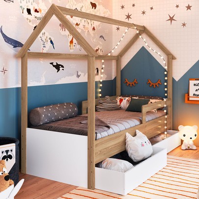 Cama Infantil Montessoriana 2 Gavetas Branco/Aveiro - Completa Móveis