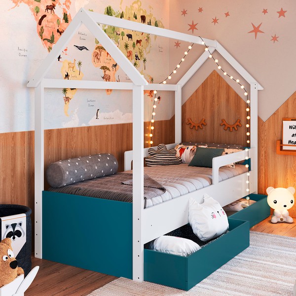 Cama Infantil Montessoriana 2 Gavetas Branco/Azul Secreto - Completa Móveis