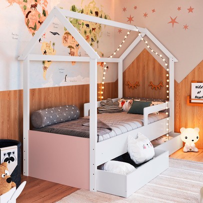 Cama Infantil Montessoriana 2 Gavetas Branco/Rosa - Completa Móveis