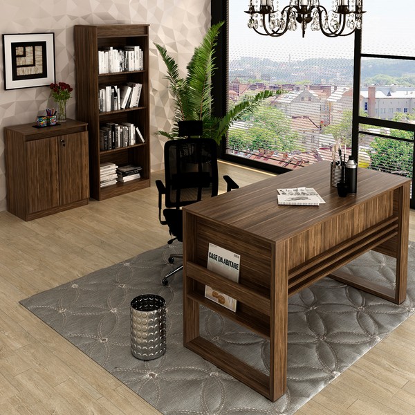 Conjunto Home Office 3 Peças 1 Mesa com Chave, 1 Estante para Livros e 1 Armário para Escritório Stanford 1 Marrom - Pnr Móveis