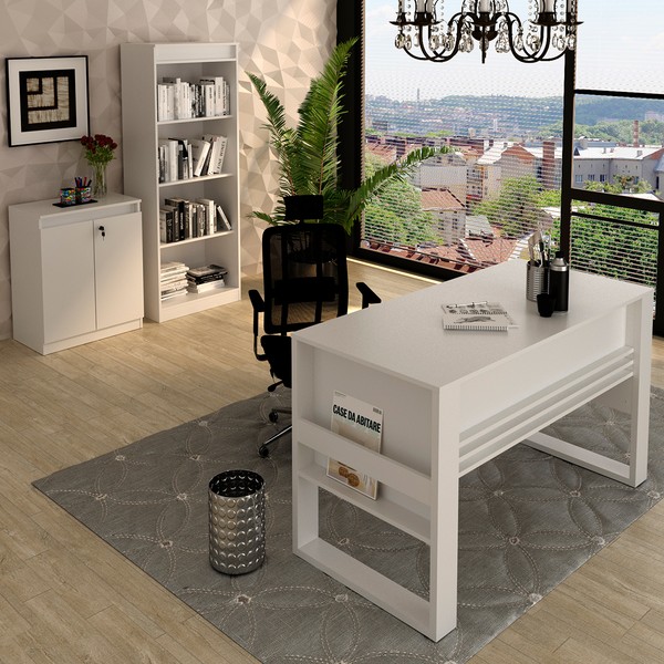 Conjunto Home Office 3 Peças 1 Mesa com Chave, 1 Estante para Livros e 1 Armário para Escritório Stanford 5 Branco - Pnr Móveis