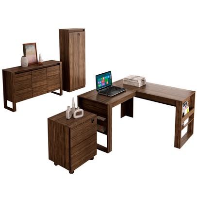 Conjunto Home Office 4 Peças 1 Mesa, 1 Gaveteiro e 2 Armários para Escritório Stanford 3 Marrom - Pnr Móveis
