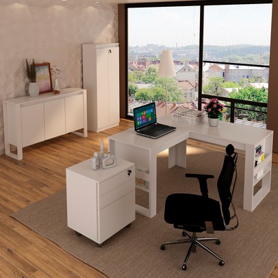 Conjunto Home Office 4 Peças 1 Mesa, 1 Gaveteiro e 2 Armários para Escritório Stanford 6 Branco - Pnr Móveis
