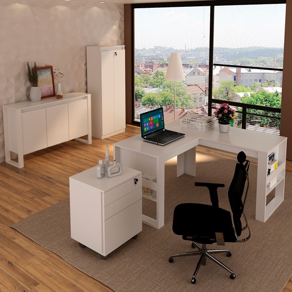 Conjunto Home Office 4 Peças 1 Mesa, 1 Gaveteiro e 2 Armários para Escritório Stanford 6 Branco - Pnr Móveis