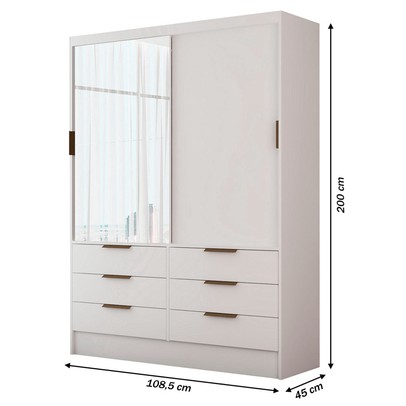 Guarda-Roupa Solteiro Taylor 2 Portas de Correr 6 Gavetas com Espelho Branco - Panorama Móveis