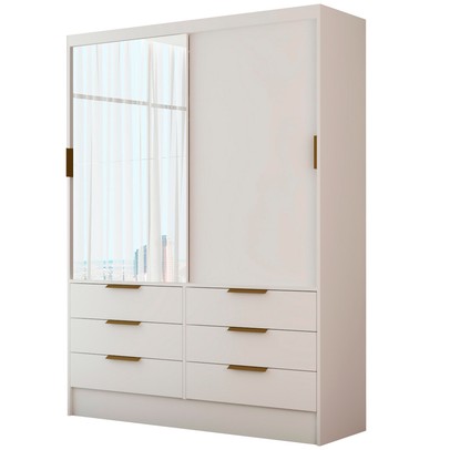 Guarda-Roupa Solteiro Taylor 2 Portas de Correr 6 Gavetas com Espelho Branco - Panorama Móveis