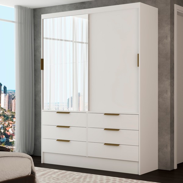 Guarda-Roupa Solteiro Taylor 2 Portas de Correr 6 Gavetas com Espelho Branco - Panorama Móveis