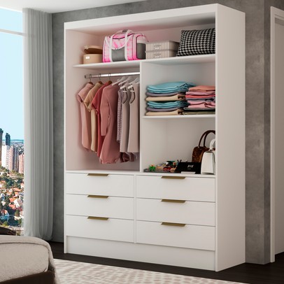 Guarda-Roupa Solteiro Taylor 2 Portas de Correr 6 Gavetas com Espelho Branco - Panorama Móveis