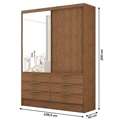 Guarda-Roupa Solteiro Taylor 2 Portas de Correr 6 Gavetas com Espelho Marrom - Panorama Móveis