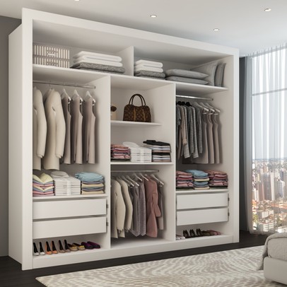 Guarda-Roupa Casal Luiza 3 Portas de Correr 4 Gavetas Espelhado Branco - Panorama Móveis