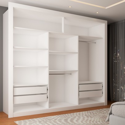 Guarda-Roupa Casal Olivia 3 Portas de Correr 4 Gavetas Espelhado Branco - Panorama Móveis