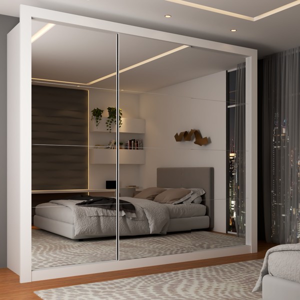 Guarda-Roupa Casal Olivia 3 Portas de Correr 4 Gavetas Espelhado Branco - Panorama Móveis