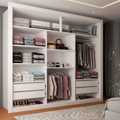 Guarda-Roupa Casal Olivia 3 Portas de Correr 4 Gavetas Espelhado Branco - Panorama Móveis