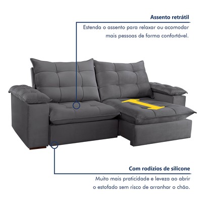 Sofá 4 Lugares Retrátil e Reclinável Espanha 250cm Cinza - Celflex