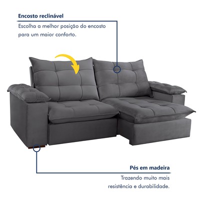 Sofá 4 Lugares Retrátil e Reclinável Espanha 250cm Cinza - Celflex