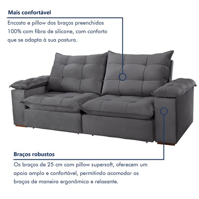 Sofá 4 Lugares Retrátil e Reclinável Espanha 250cm Cinza - Celflex