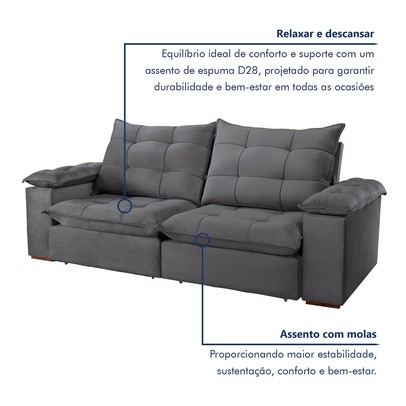 Sofá 4 Lugares Retrátil e Reclinável Espanha 250cm Cinza - Celflex