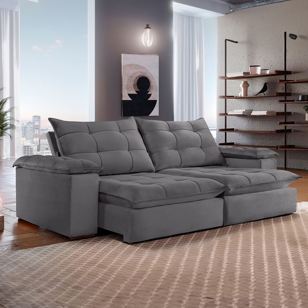Sofá 4 Lugares Retrátil e Reclinável Espanha 250cm Cinza - Celflex