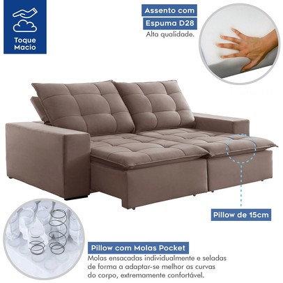 Sofá 4 Lugares Paris Retrátil e Reclinável Super Pilow 230cm Bege Escuro - Celflex