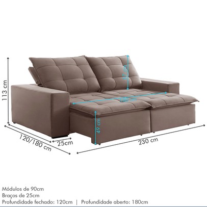 Sofá 4 Lugares Paris Retrátil e Reclinável Super Pilow 230cm Bege Escuro - Celflex