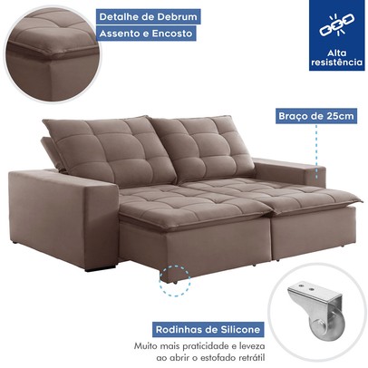 Sofá 4 Lugares Paris Retrátil e Reclinável Super Pilow 230cm Bege Escuro - Celflex