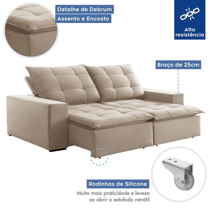 Sofá 4 Lugares Paris Retrátil e Reclinável Super Pilow 230cm Bege Claro - Celflex