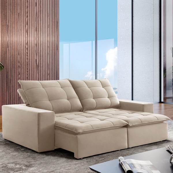 Sofá 4 Lugares Paris Retrátil e Reclinável Super Pilow 230cm Bege Claro - Celflex