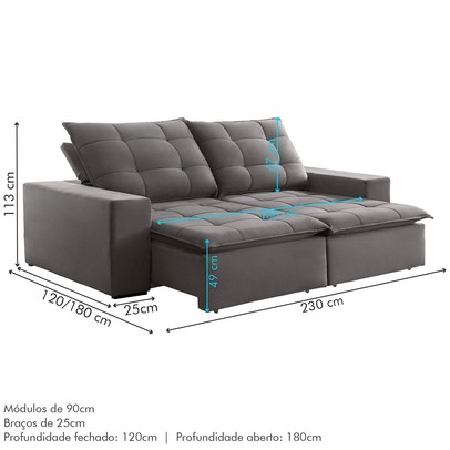 Sofá 4 Lugares Paris Retrátil e Reclinável Super Pilow 230cm Cinza - Celflex