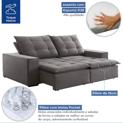 Sofá 4 Lugares Paris Retrátil e Reclinável Super Pilow 230cm Cinza - Celflex