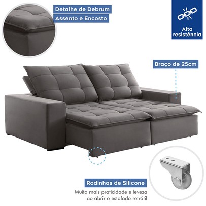 Sofá 4 Lugares Paris Retrátil e Reclinável Super Pilow 230cm Cinza - Celflex
