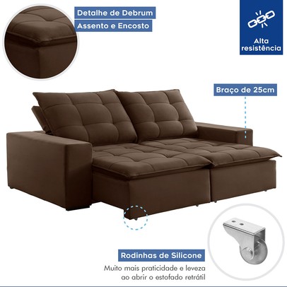 Sofá 4 Lugares Paris Retrátil e Reclinável Super Pilow 250cm Marrom - Celflex