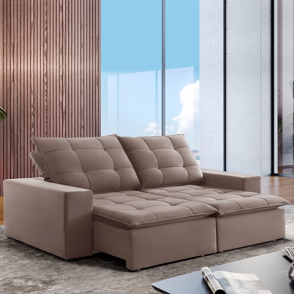 Sofá 4 Lugares Paris Retrátil e Reclinável Super Pilow 250cm Bege Escuro - Celflex