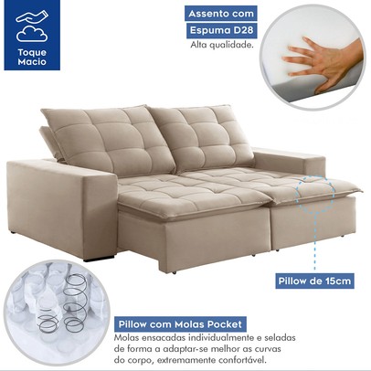 Sofá 4 Lugares Paris Retrátil e Reclinável Super Pilow 250cm Bege Claro - Celflex