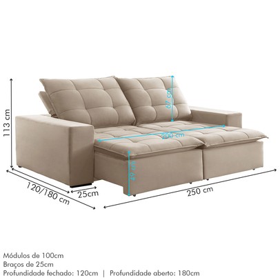 Sofá 4 Lugares Paris Retrátil e Reclinável Super Pilow 250cm Bege Claro - Celflex