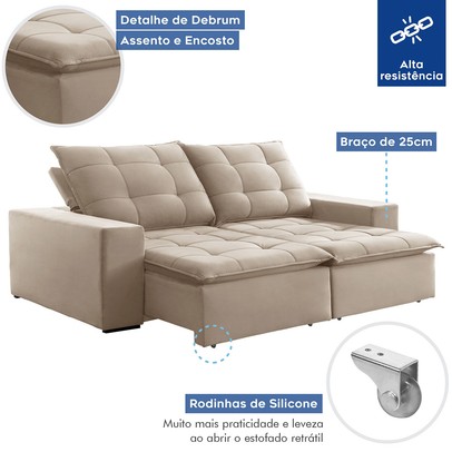 Sofá 4 Lugares Paris Retrátil e Reclinável Super Pilow 250cm Bege Claro - Celflex