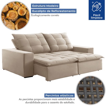 Sofá 4 Lugares Paris Retrátil e Reclinável Super Pilow 250cm Bege Claro - Celflex