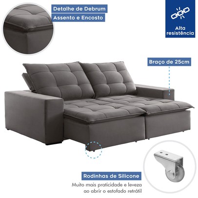 Sofá 4 Lugares Paris Retrátil e Reclinável Super Pilow 250cm Cinza - Celflex