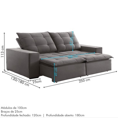 Sofá 4 Lugares Paris Retrátil e Reclinável Super Pilow 250cm Cinza - Celflex
