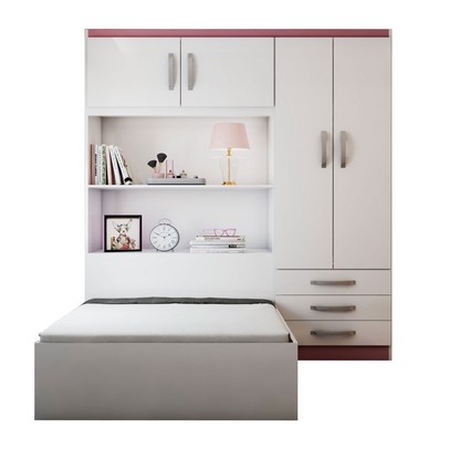 Guarda-Roupa Solteiro com Cama Liverpool 4 Portas 3 Gavetas Branco/Pink - Panorama Móveis