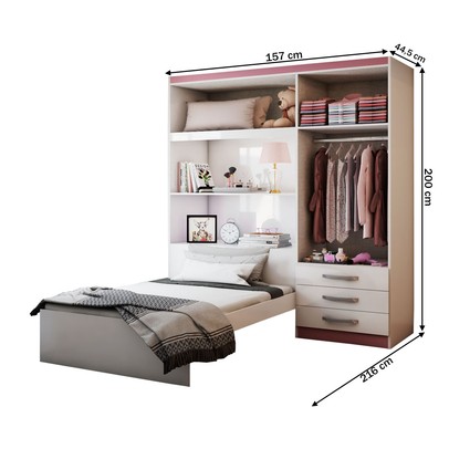 Guarda-Roupa Solteiro com Cama Liverpool 4 Portas 3 Gavetas Branco/Pink - Panorama Móveis