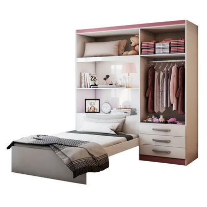 Guarda-Roupa Solteiro com Cama Liverpool 4 Portas 3 Gavetas Branco/Pink - Panorama Móveis
