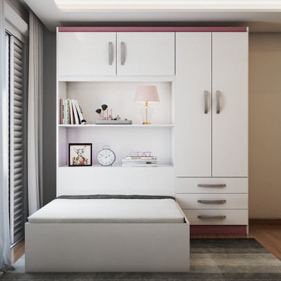 Guarda-Roupa Solteiro com Cama Liverpool 4 Portas 3 Gavetas Branco/Pink - Panorama Móveis