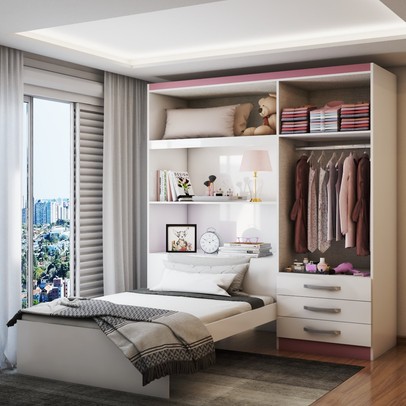 Guarda-Roupa Solteiro com Cama Liverpool 4 Portas 3 Gavetas Branco/Pink - Panorama Móveis