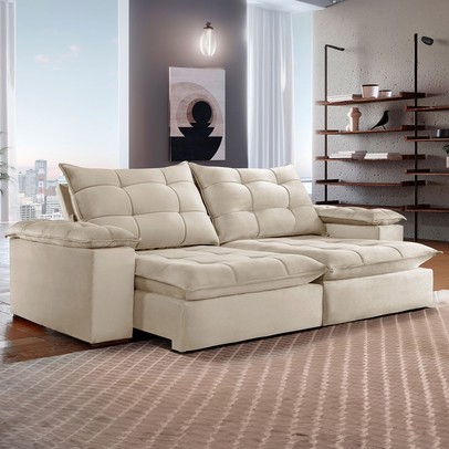 Sofá 5 Lugares Espanha Retrátil e Reclinável 290cm Bege Claro - Celflex