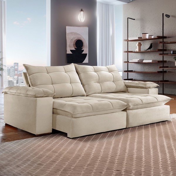 Sofá 5 Lugares Espanha Retrátil e Reclinável 290cm Bege Claro - Celflex